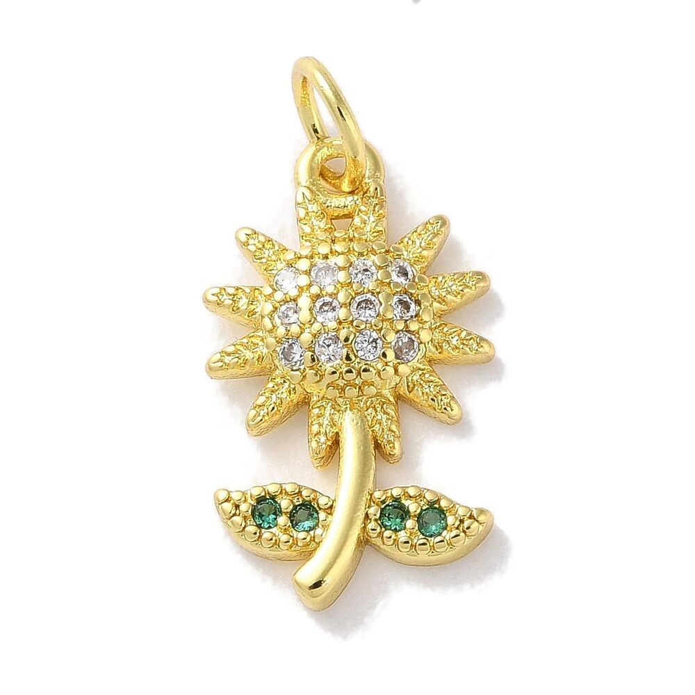 3385 10 Pcs Brass Sunflower Charms Micro Pave Cubic Zirconia Sunshine